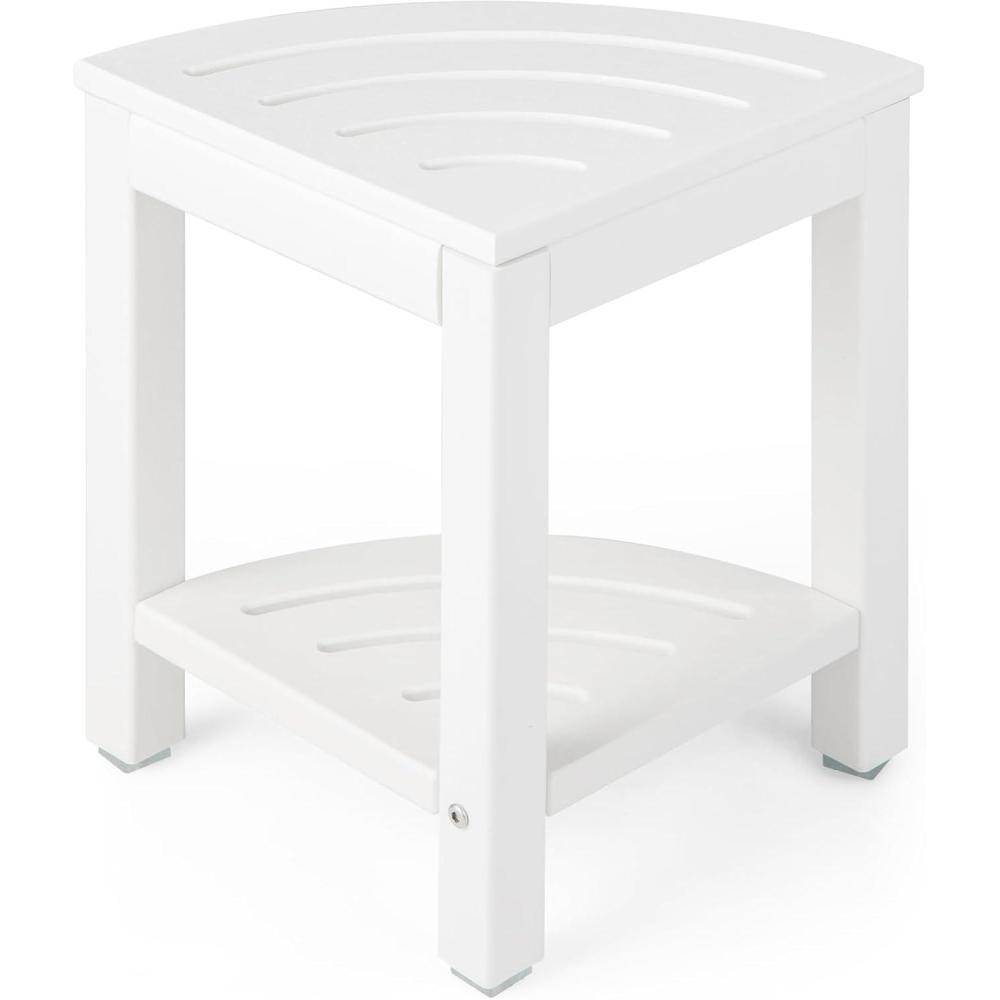 image:imageGiantex Corner Shower Stool Waterproof HDPE Shower Bench Seat with Storage Shelf for Shaving Legs NonSlip Foot Pads Plastic Spa Bath Step Foot Rest for Bathroom Small Place WhiteWhite