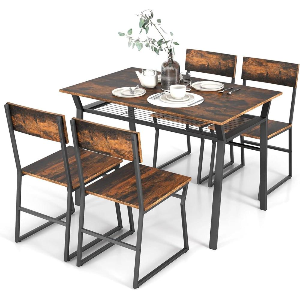 image:imageGiantex Dining Table Set for 4 47L x 28W Rectangular Kitchen Table w 4 Trapezoid Chairs Reinforced Metal Frame amp Storage Rack Industrial SpaceSaving Dinette Set for Kitchen Dining Room BrownRustic Brown