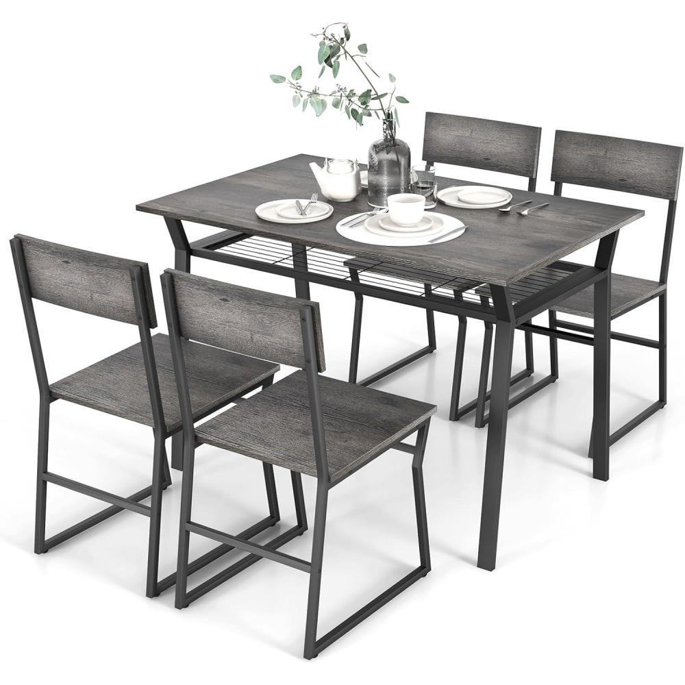 image:imageGiantex Dining Table Set for 4 47L x 28W Rectangular Kitchen Table w 4 Trapezoid Chairs Reinforced Metal Frame amp Storage Rack Industrial SpaceSaving Dinette Set for Kitchen Dining Room BrownGrey