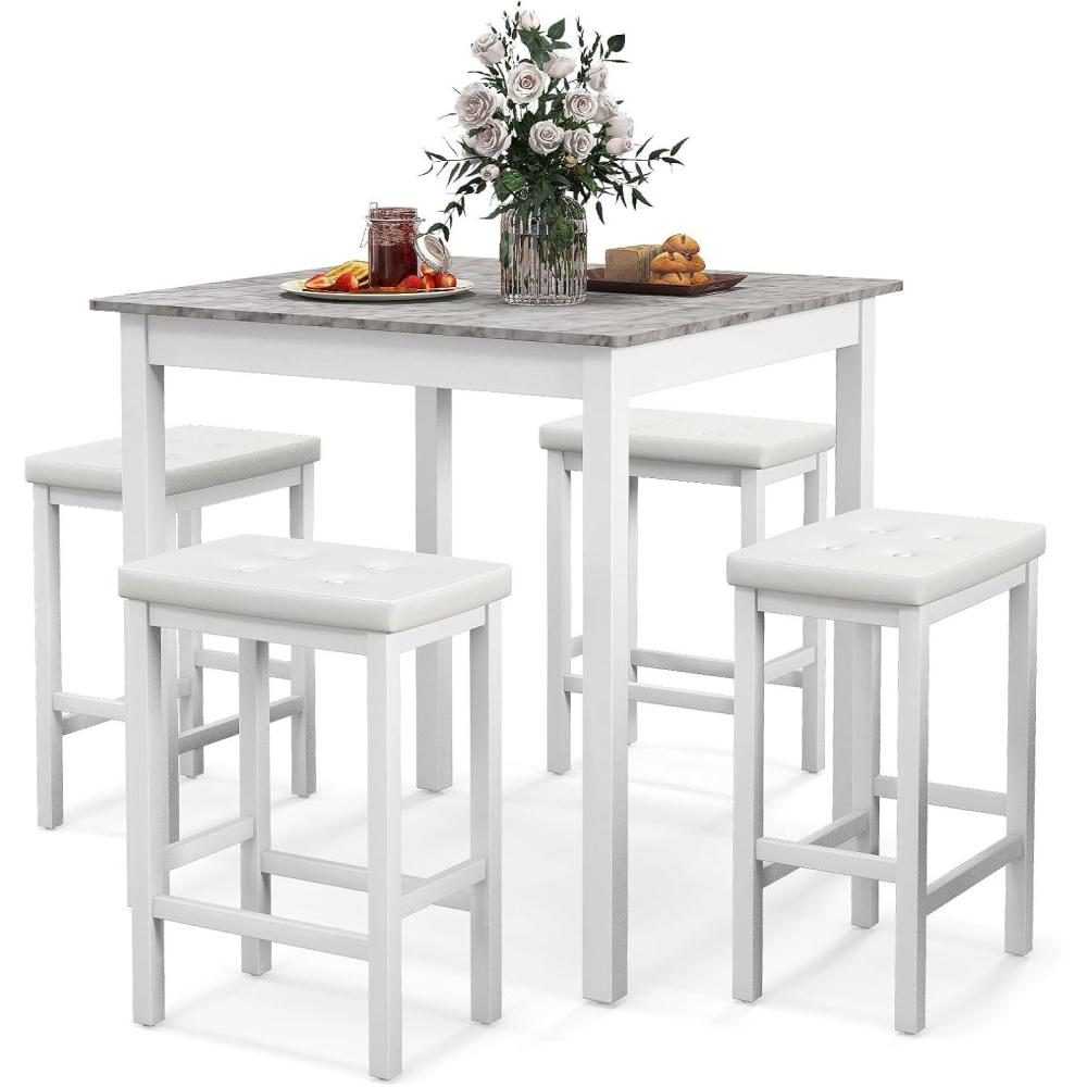 image:imageGiantex Dining Table Set for 4 Kitchen Table Chairs Set of 4 Counter Height Dining Table Set with 4 Bar Stools SpaceSaving Dinette Table Set for Small Place Breakfast Nook Table Set BrownWhite