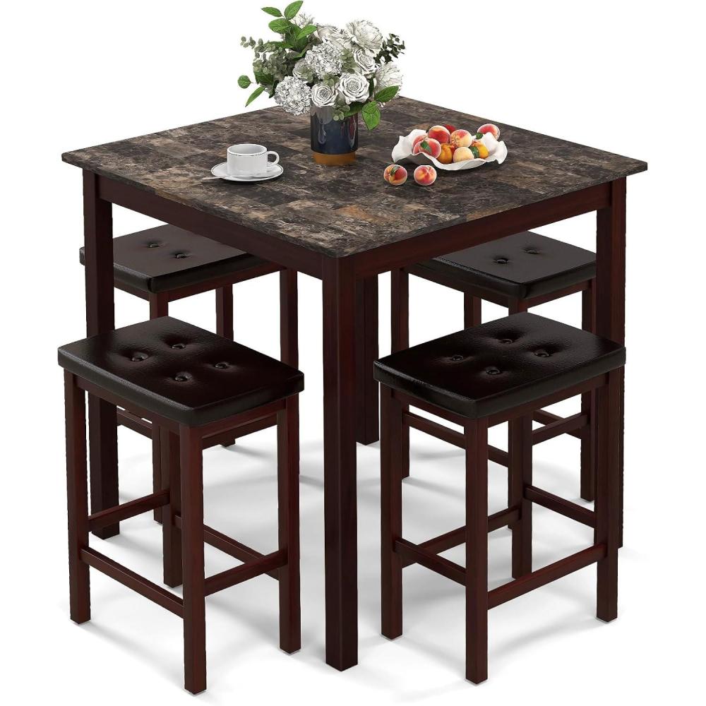 image:imageGiantex Dining Table Set for 4 Kitchen Table Chairs Set of 4 Counter Height Dining Table Set with 4 Bar Stools SpaceSaving Dinette Table Set for Small Place Breakfast Nook Table Set BrownBrown