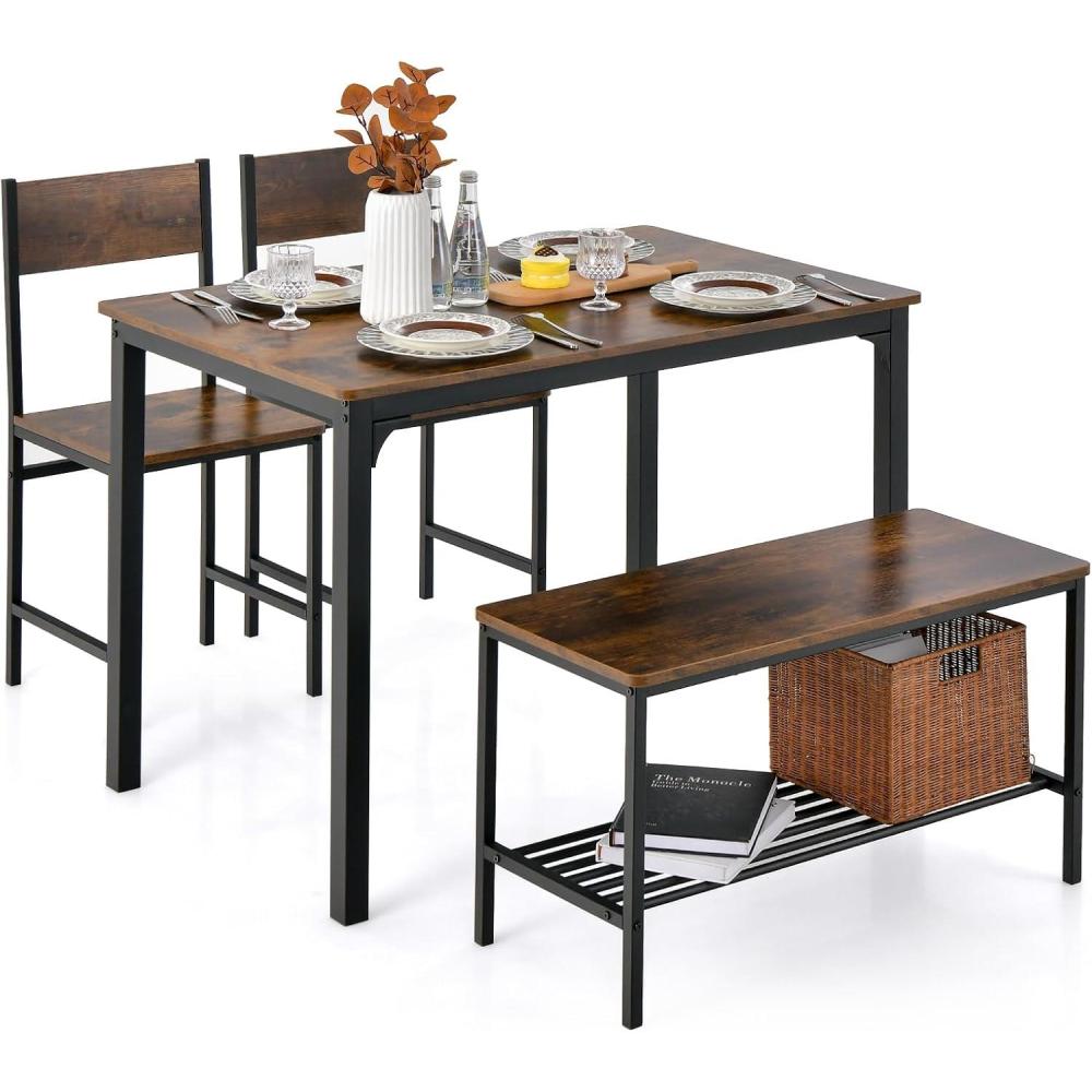 image:imageGiantex Dining Table Set for 4 Kitchen Table with Bench and Chairs Industrial Gathering Bench Dining Set WMetal Frame amp Storage Rack Dinette Set Modern Functional Desk Set Black OakCoffee