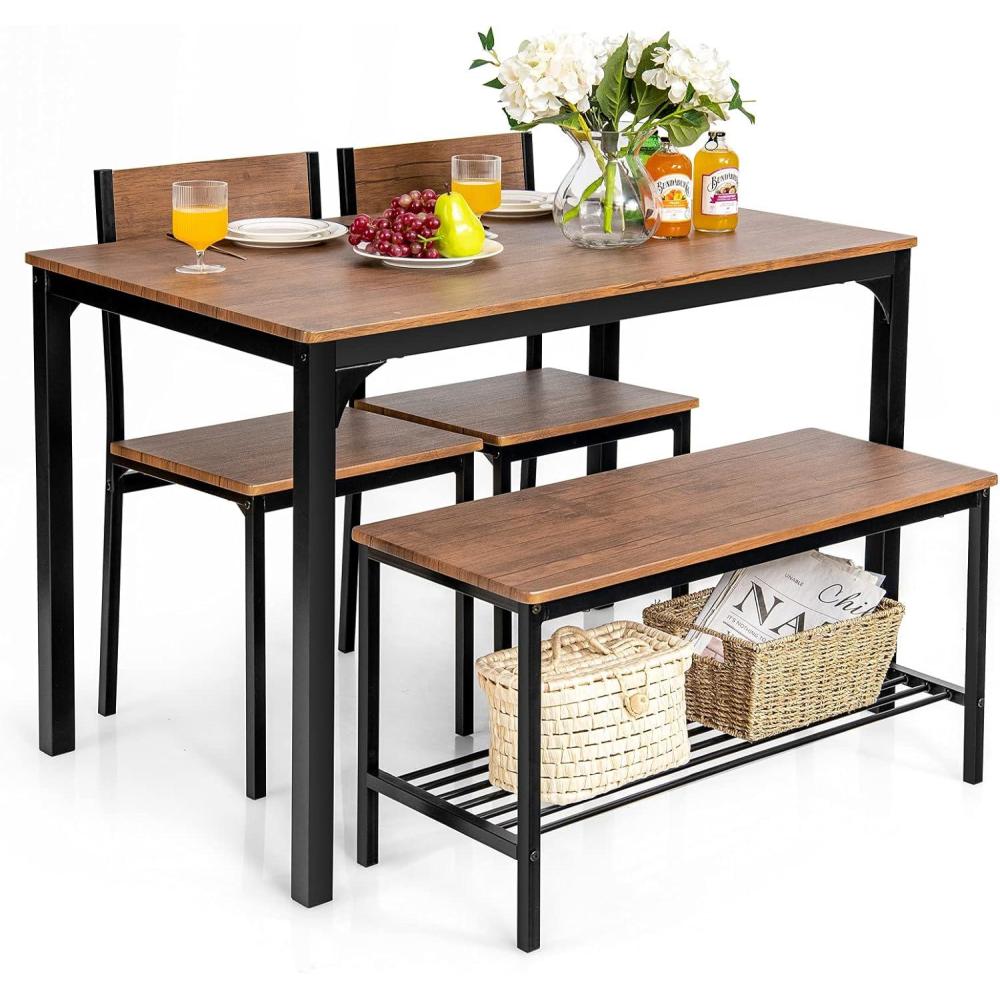 image:imageGiantex Dining Table Set for 4 Kitchen Table with Bench and Chairs Industrial Gathering Bench Dining Set WMetal Frame amp Storage Rack Dinette Set Modern Functional Desk Set Black OakBrown