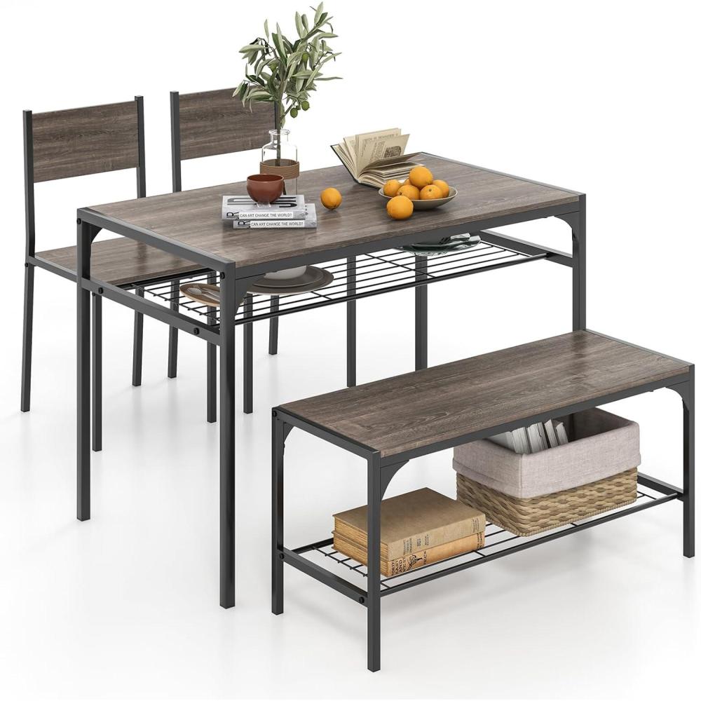 image:imageGiantex Dining Table Set for 4 Kitchen Table with Bench and Chairs Industrial Gathering Bench Dining Set WMetal Frame amp Storage Rack Dinette Set Modern Functional Desk Set Black OakGrey