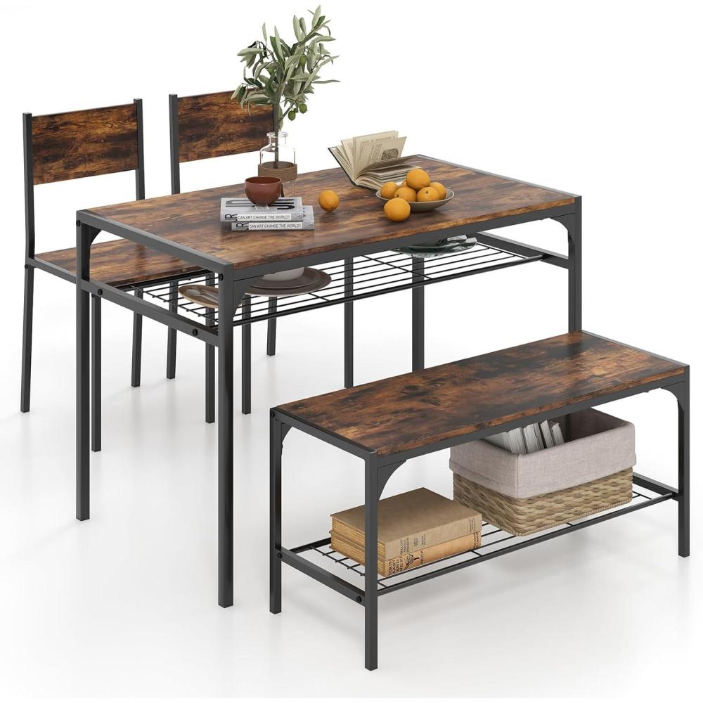 image:imageGiantex Dining Table Set for 4 Kitchen Table with Bench and Chairs Industrial Gathering Bench Dining Set WMetal Frame amp Storage Rack Dinette Set Modern Functional Desk Set Black OakRustic Brown