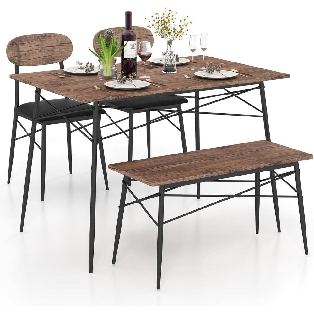 image:imageGiantex Dining Table Set for 4 MidCentury Kitchen Furniture Set wKitchen Table Bench amp 2 Upholstered PVC Leather Chairs 4Piece SpaceSaving Dinette Set for Small Place Breakfast Nook