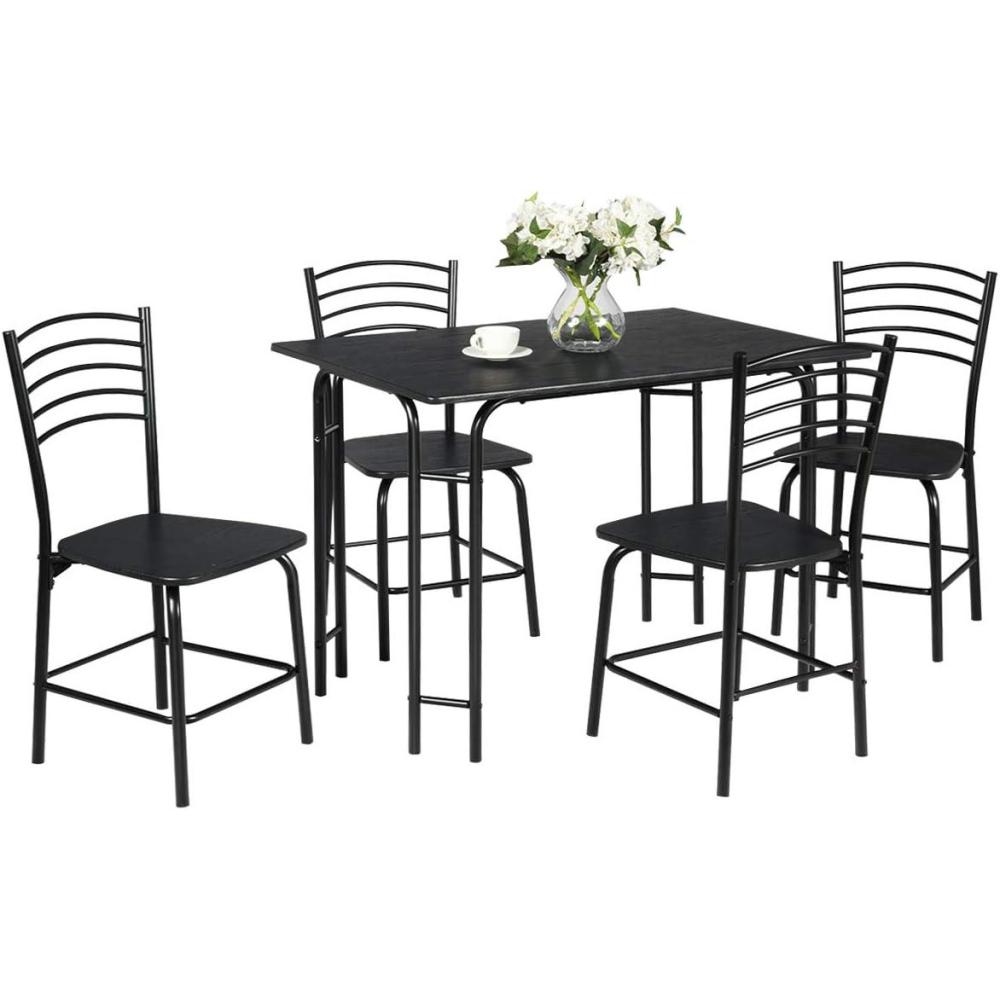 image:imageGiantex Dining Table Set with 4 Chairs 5Piece Wood Kitchen Table for 4 Person Rectangular Table with Metal Frame Black