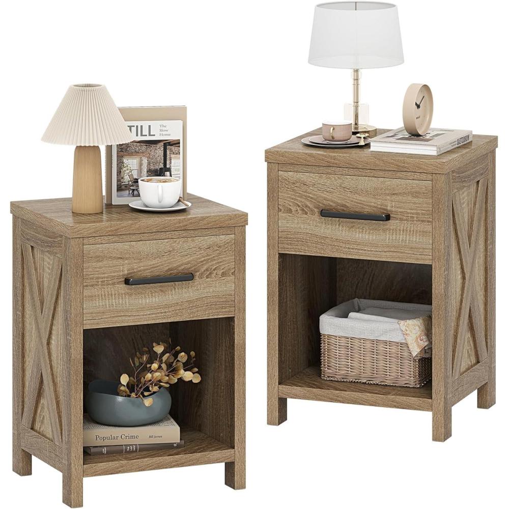 image:imageGiantex Farmhouse Nightstand Wooden Bedside Table with Storage Drawer amp Open Shelf End Side Table Rustic Night Stand for Small Space Bedroom amp Home Office Natural2