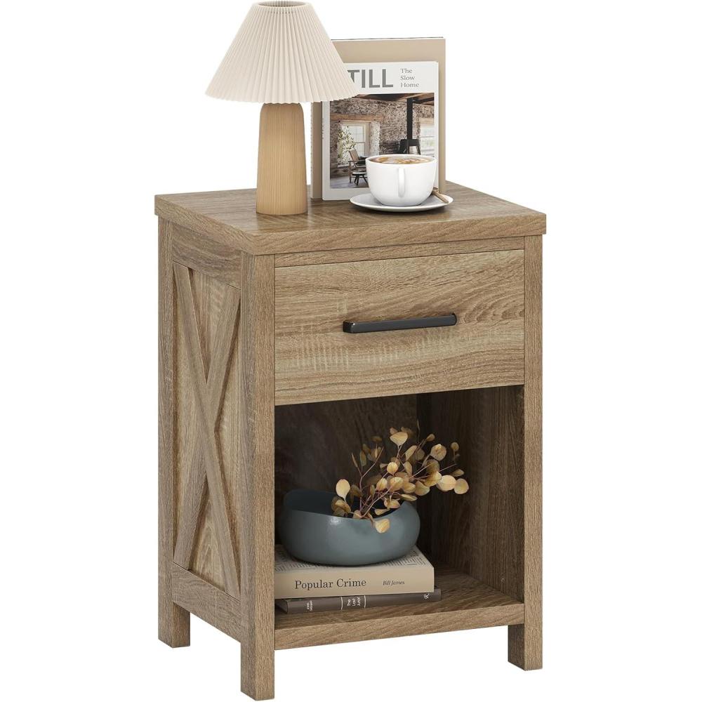 image:imageGiantex Farmhouse Nightstand Wooden Bedside Table with Storage Drawer amp Open Shelf End Side Table Rustic Night Stand for Small Space Bedroom amp Home Office Natural1