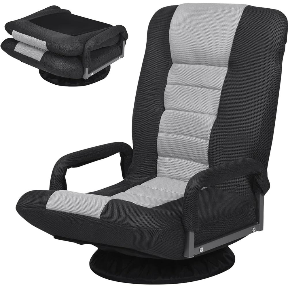 image:imageGiantex Floor Gaming Chair 360 Degree Swivel Floor Chair with Armrests 6 Adjustable Position Padded Backrest Folding Floor Chair Rocker for Games Lazy Sofa Lounger Gaming Chair Floor BlackGrayBlackGray