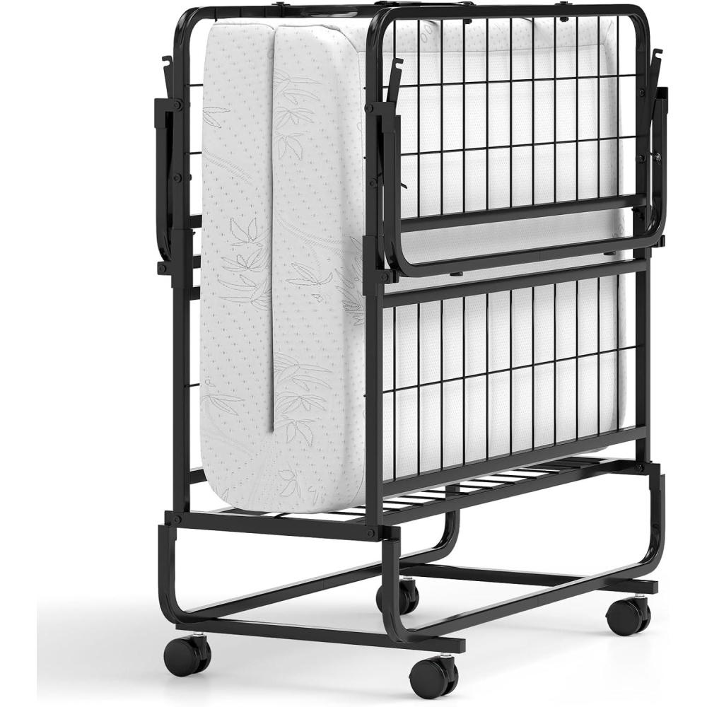 image:imageGiantex Folding Bed with Mattress and Top Pillow Twin Size Portable Guest Beds wMetal Frame Storage Pocket SpaceSaving Rollaway Foldable Bed with Memory Foam Mattress for Adults 75 x 39Twin