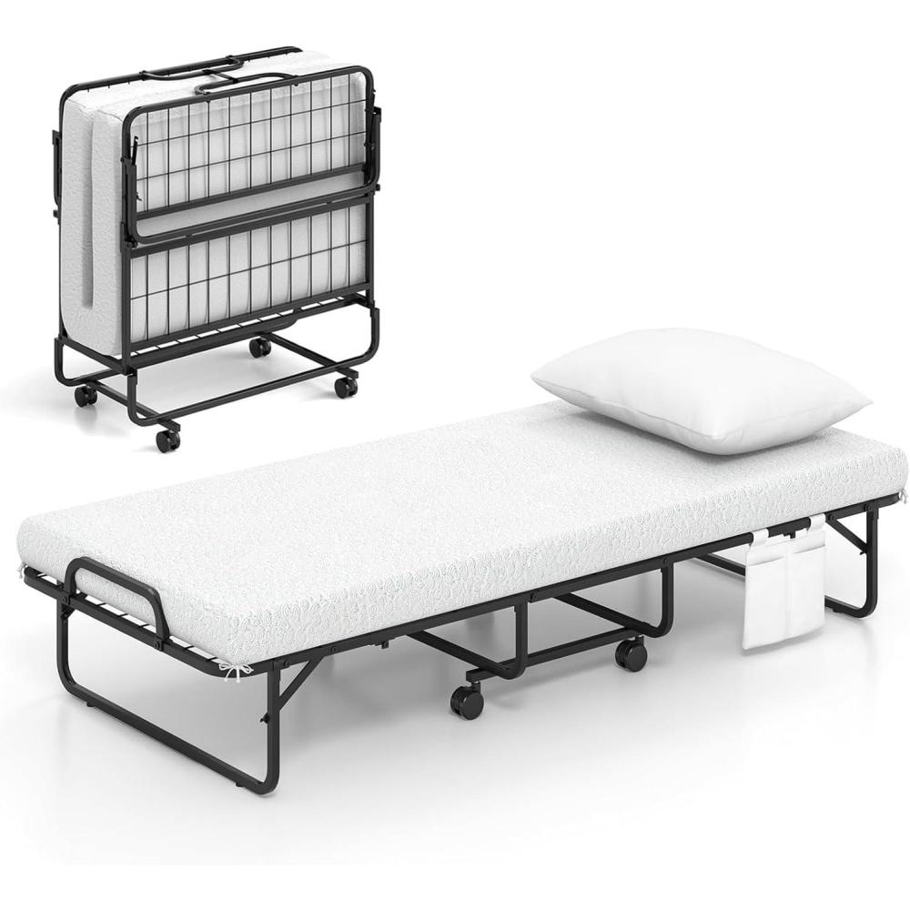 image:imageGiantex Folding Bed with Mattress and Top Pillow Twin Size Portable Guest Beds wMetal Frame Storage Pocket SpaceSaving Rollaway Foldable Bed with Memory Foam Mattress for Adults 75 x 39Small Single