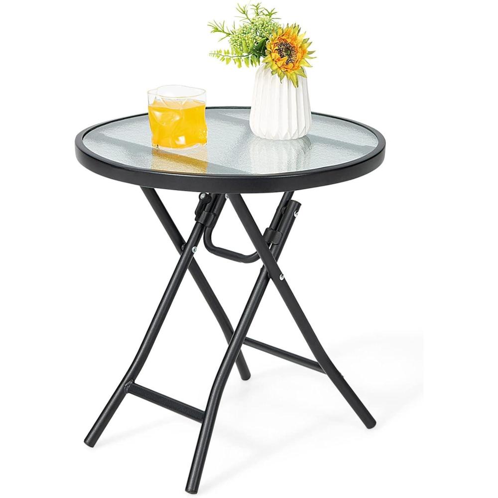 image:imageGiantex Folding Side Table Round Small Patio Table Tempered Glass Tabletop Steel Frame WeatherResistant Outdoor Indoor Use for Bistro Porch Garden Balcony Classic Round 18x18x185Classic Round