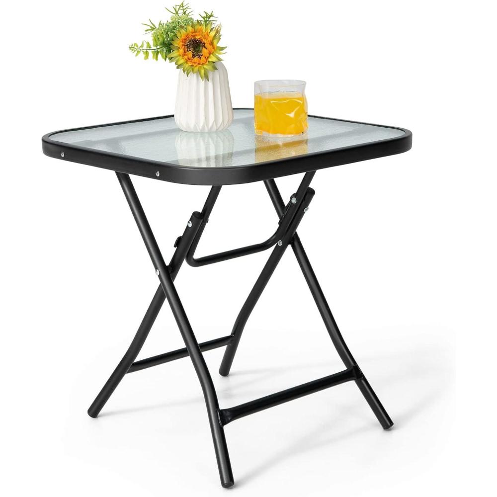 image:imageGiantex Folding Side Table Round Small Patio Table Tempered Glass Tabletop Steel Frame WeatherResistant Outdoor Indoor Use for Bistro Porch Garden Balcony Classic Round 18x18x185Farmhouse Square