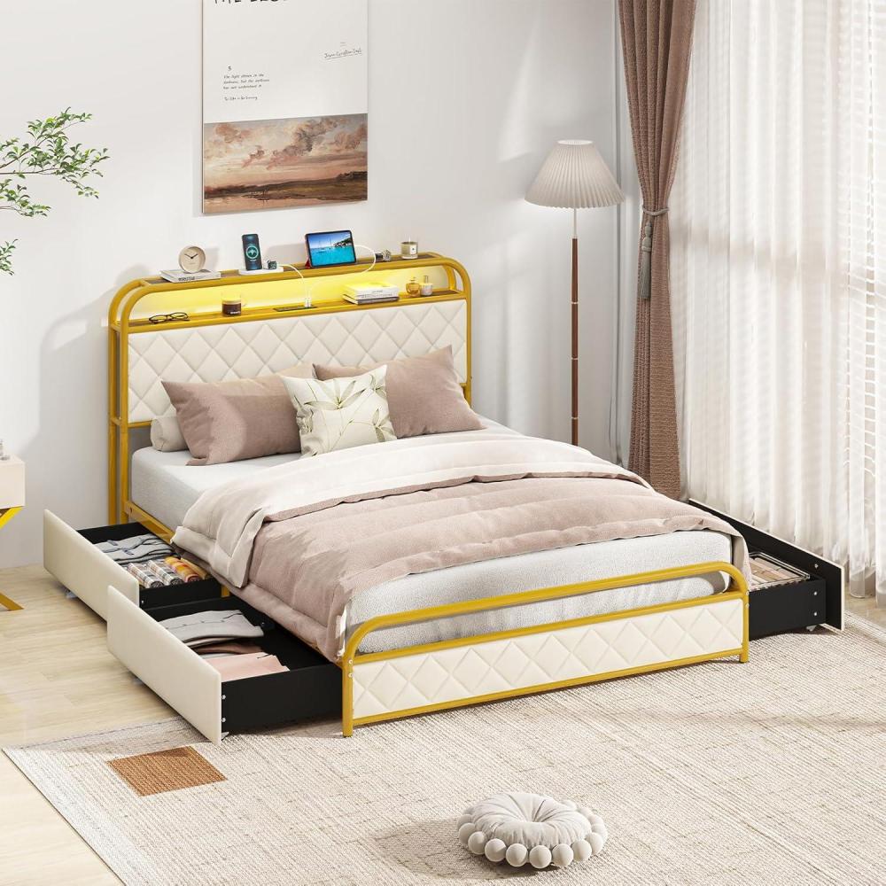 image:imageGiantex Full Size Bed Frame with 4 Storage Drawers and Charging Station Metal Full Platform Bed wLED Lights amp Linen Upholstered Headboard No Box Spring Needed Full Storage Bed Gold amp BeigeGold Beige