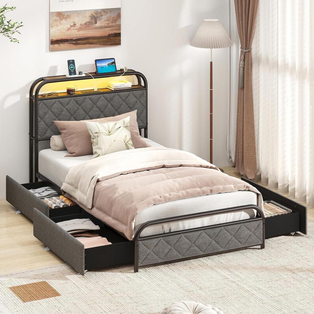 image:imageGiantex Full Size Bed Frame with 4 Storage Drawers and Charging Station Metal Full Platform Bed wLED Lights amp Linen Upholstered Headboard No Box Spring Needed Full Storage Bed Gold amp BeigeBlack  Grey