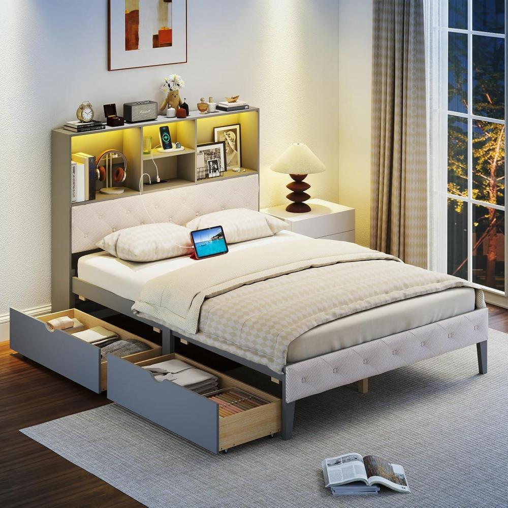 image:imageGiantex Full Size Bed Frame with Storage Drawer amp Headboard Full Storage Bed with LED Lights amp Charging Station Wooden Platform Bed with Upholstered Bookcase Headboard No Box Spring Needed Gray