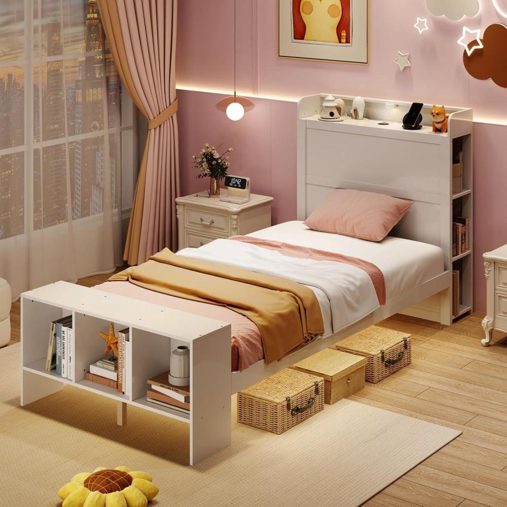 image:imageGiantex Full Size Bed Frame with Storage Headboard amp Footboard Solid Wood LED Bed wCharging Station White Full Bed Frame for Kids Teens amp Adults No Box Spring Needed WhiteTwin
