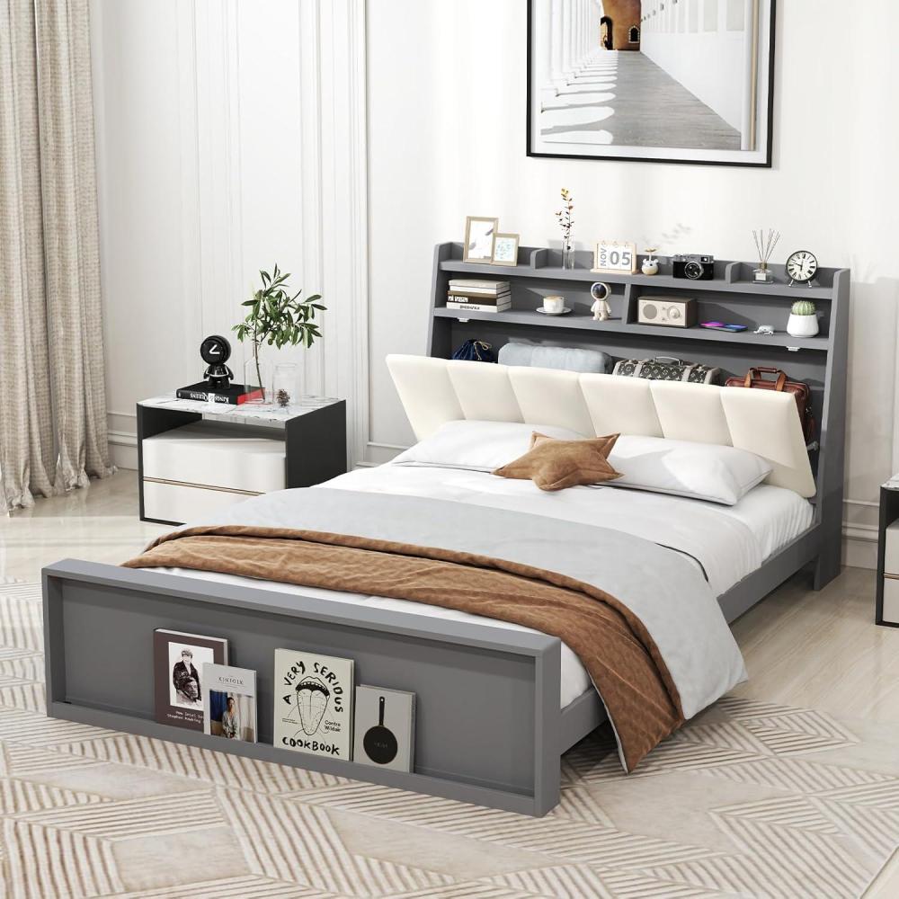 image:imageGiantex Full Size Bed Frame with Storage Modern Platform Bed with Upholstered Headboard amp Storage Footboard Wood Full Bed with Wood Slat Support No Box Spring Needed Grey amp Beige