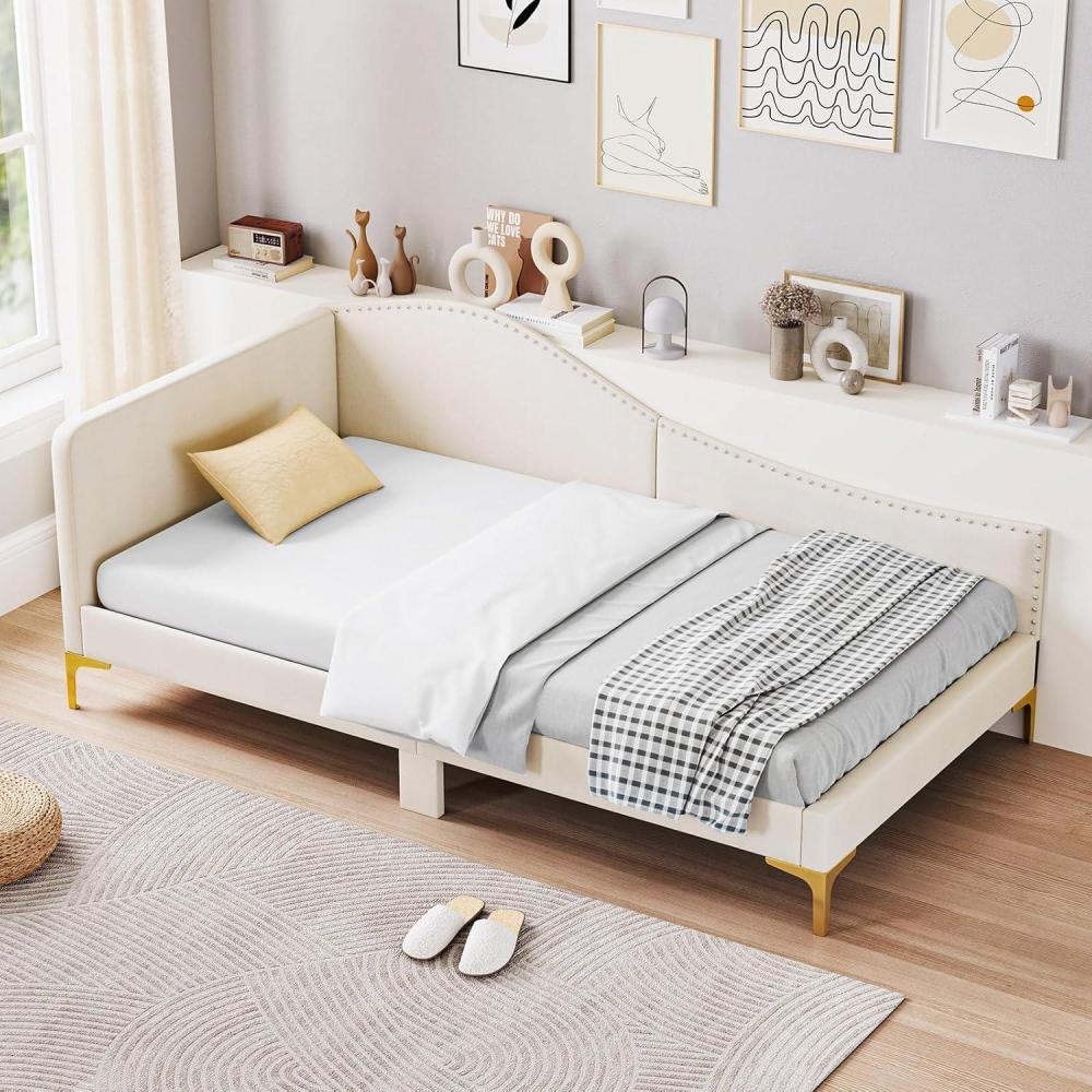 image:imageGiantex Full Size Upholstered Daybed RivetTufted Platform Bed with Headboard Metal Legs amp Wood Slats LShaped Corner Sofa Bed for Living Room amp Guest Room No Box Spring Needed GreyBeige