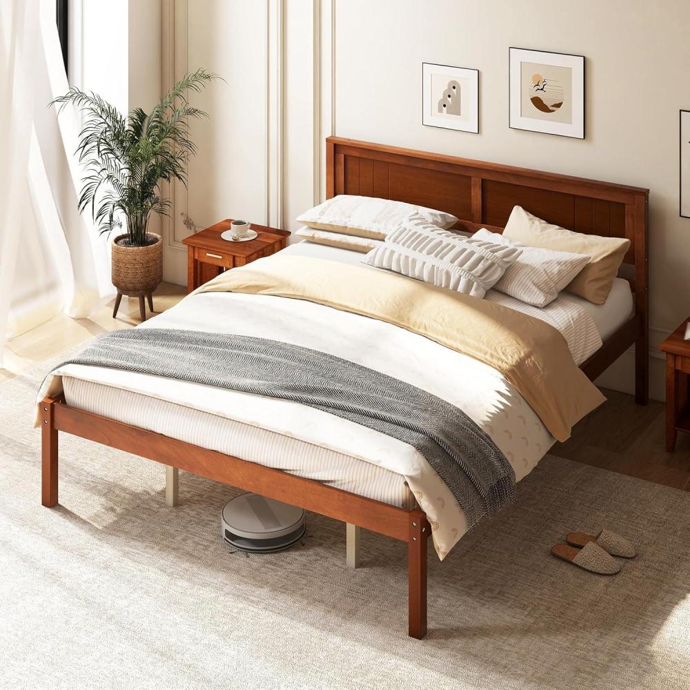 image:imageGiantex Full Size Wood Platform Bed with Headboard Mid Century Solid Wood Full Bed with Slat Support Double Bed Frame with 16 Under Bed Storage No Box Spring Needed Easy Assembly WalnutQueen