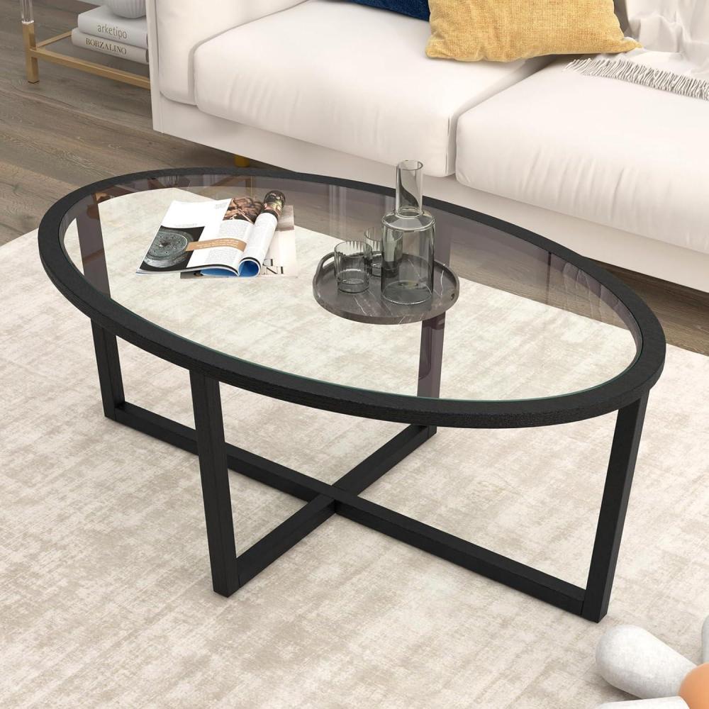 image:imageGiantex Glass Coffee Table 465 Oval Accent Sofa Tea Table with Tempered Glass Top Cross Base amp Acacia Wood Legs Simple Modern Cocktail Center Table for Living Room Home Office Black