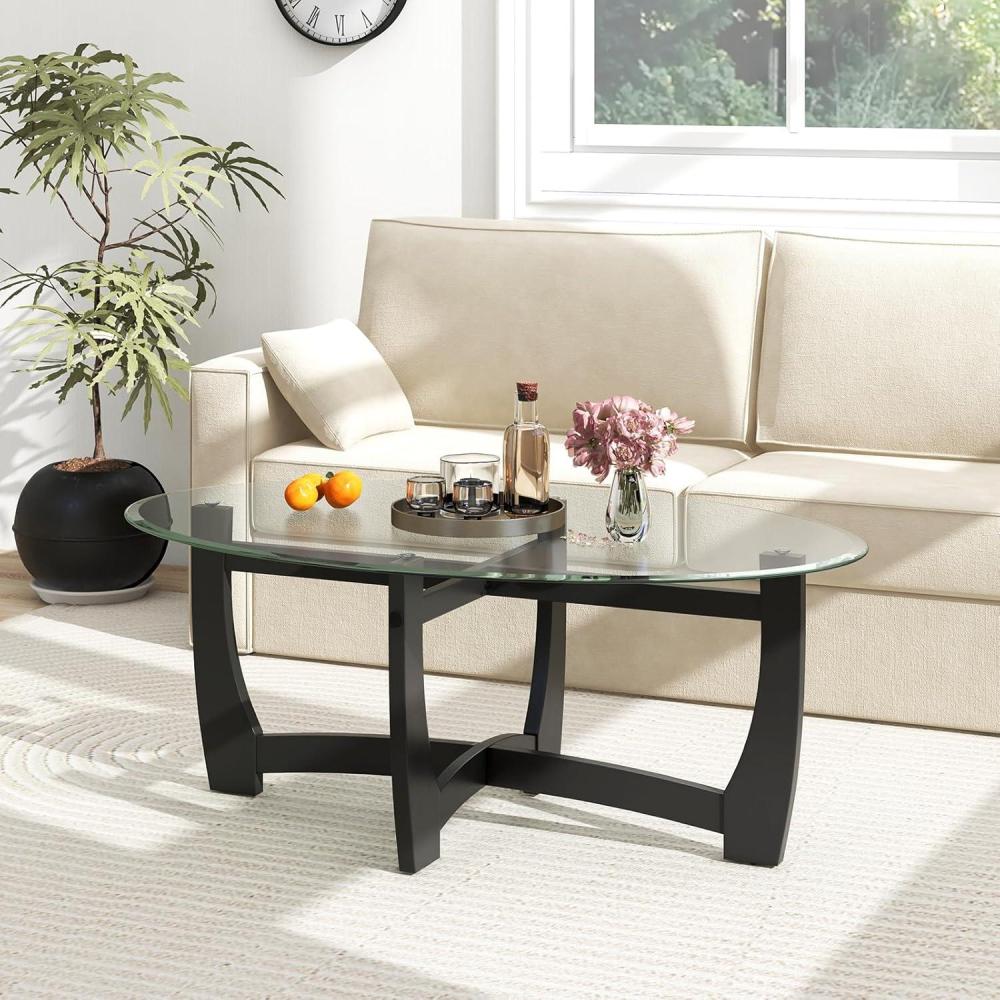 image:imageGiantex Glass Coffee Table 48 Oval Accent Tea Table with Tempered Glass Top amp Solid Wood Structure Simple Modern Cocktail Table Center Table for Living Room Reception Room Home Office Black