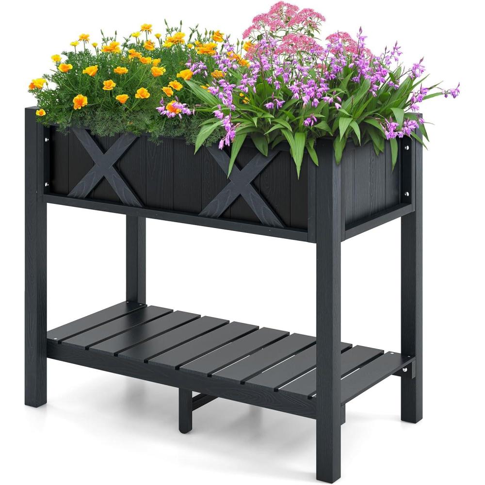 image:imageGiantex HIPS Raised Garden Bed Elevated Planter Box wLegs Storage Shelf Drainage Holes WeatherProof Standing Raised Beds for Backyard Porch Flower Herb Coffee 44 x 18 x 29Black