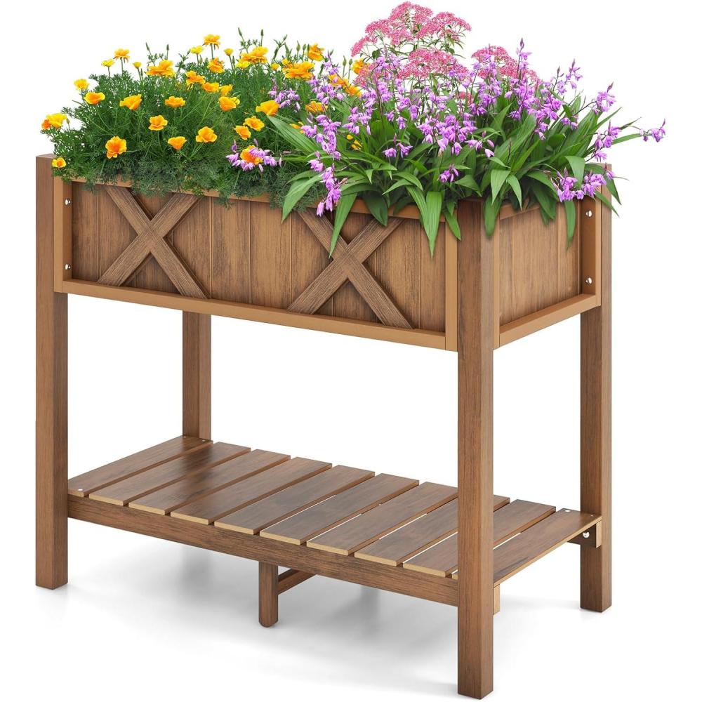 image:imageGiantex HIPS Raised Garden Bed Elevated Planter Box wLegs Storage Shelf Drainage Holes WeatherProof Standing Raised Beds for Backyard Porch Flower Herb Coffee 44 x 18 x 29Coffee