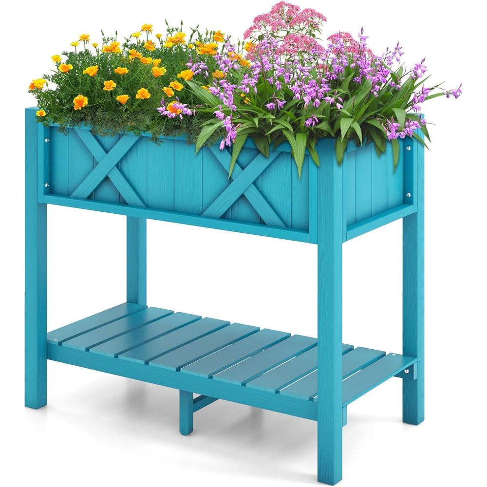 image:imageGiantex HIPS Raised Garden Bed Elevated Planter Box wLegs Storage Shelf Drainage Holes WeatherProof Standing Raised Beds for Backyard Porch Flower Herb Coffee 44 x 18 x 29Blue