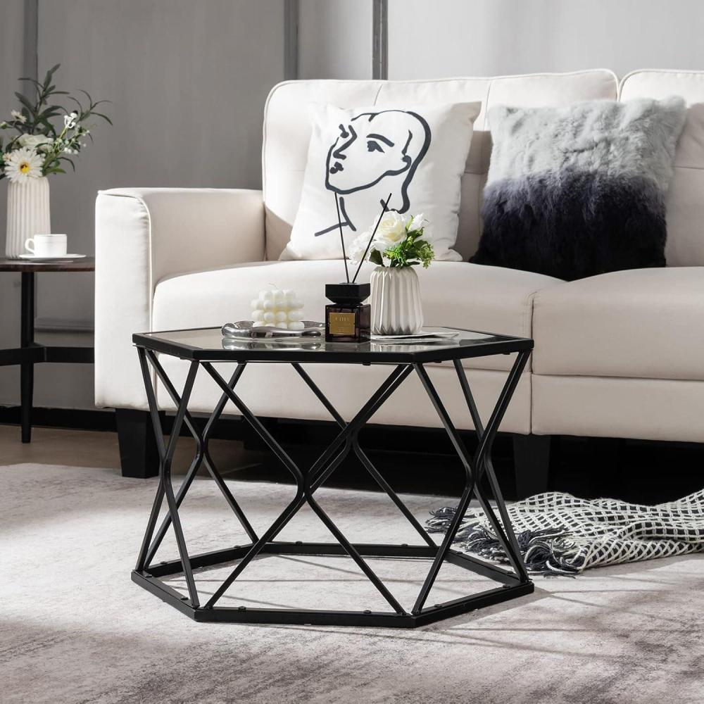 image:imageGiantex Hexagonal Glass Coffee Table End Table wTempered Glass Top amp Sturdy Metal Legs Modern Center Table Geometric Small Glass Table for Living Room Reception Room Black