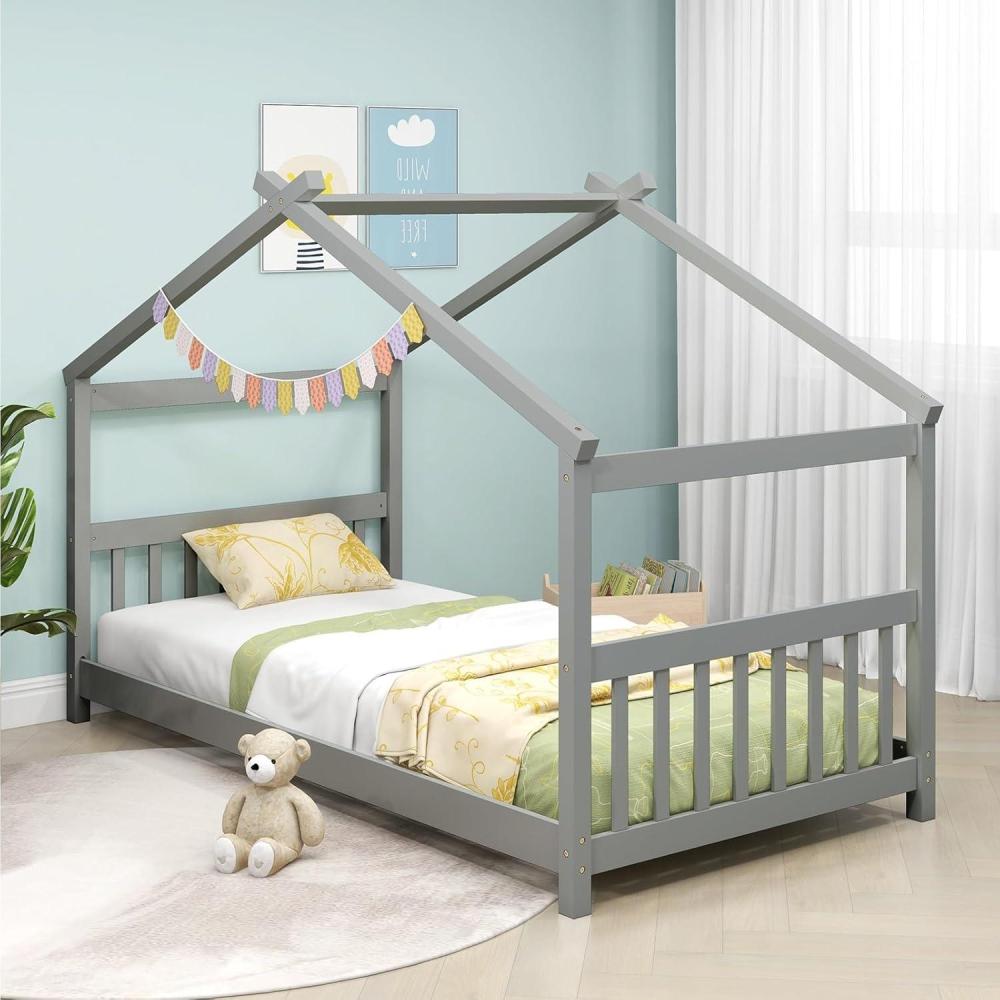 image:imageGiantex House Bed Twin Solid Wood Kids House Bed with Roof Headboard and Footboard Low Floor Twin Bed Frame for Toddlers Teens Girls Boys No Box Spring Needed WhiteGrey