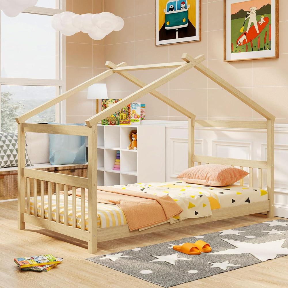 image:imageGiantex House Bed Twin Solid Wood Kids House Bed with Roof Headboard and Footboard Low Floor Twin Bed Frame for Toddlers Teens Girls Boys No Box Spring Needed WhiteNatural