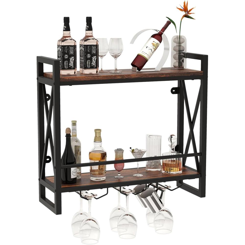 image:imageGiantex Industrial Wall Mounted Wine Rack 2Tier Metal Hanging Wine Bottle Glass Rack with 14Bottle amp 12Mug Holders Wall Wine Floating Shelves for Home Bar Kitchen Dining Room Rustic Brown235 x 8 x 215