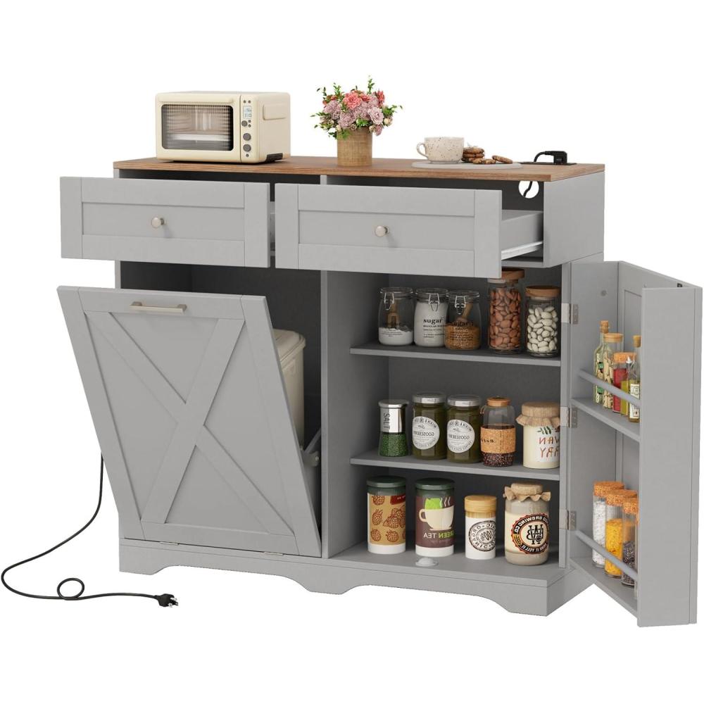 image:imageGiantex Kitchen Island with Tilt Out Trash Can Cabinet 10 Gallon Power Outlet 2 Drawers Adjustable Shelves Hidden Storage Garbage Bin Cabinet for Dining Room Laundry Room BlackWalnutGreywalnut