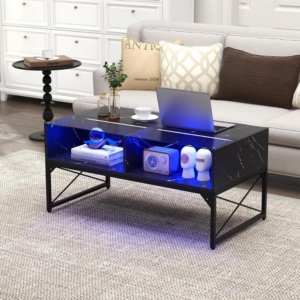 image:imageGiantex LED Coffee Table High Gloss Coffee Tables with 4 Storage Cubes 20Color Lights Remote Control Faux Marble amp Tempered Glass Top Modern Accent Rectangle Center Table for Living Room BlackBlack