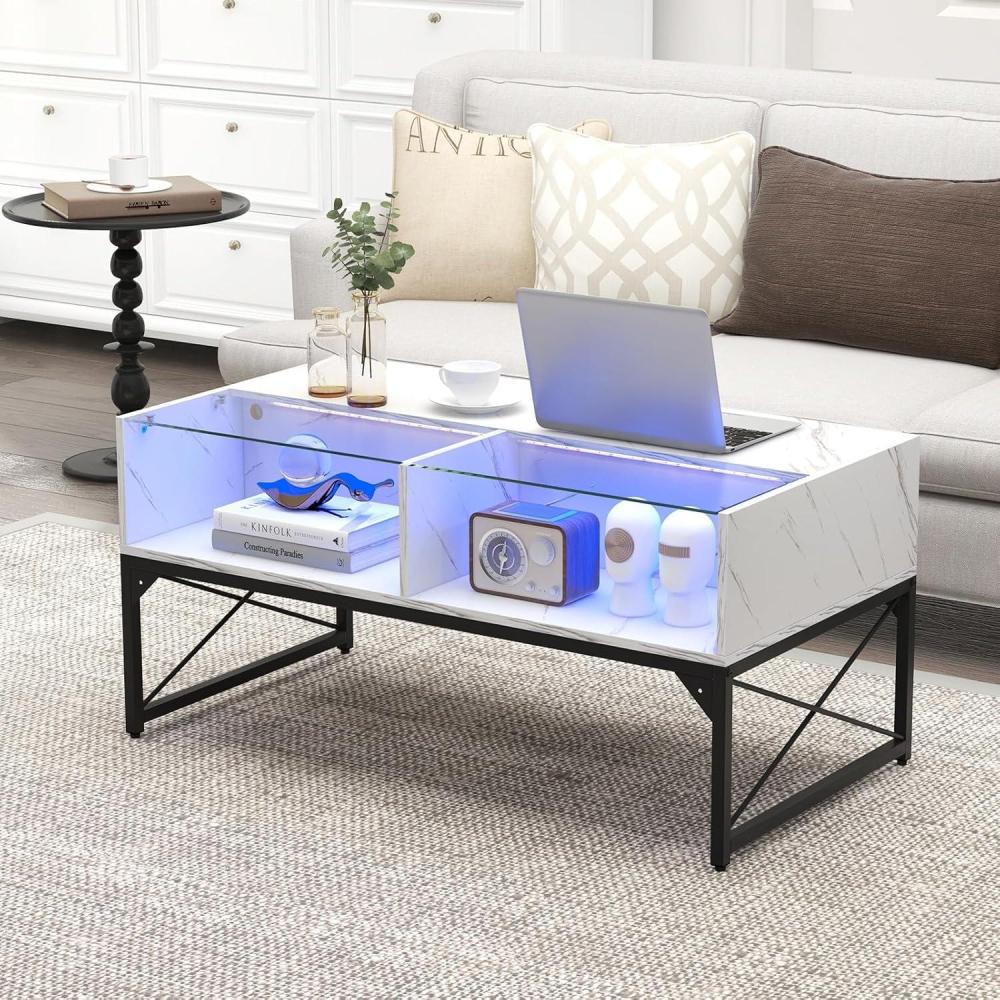 image:imageGiantex LED Coffee Table High Gloss Coffee Tables with 4 Storage Cubes 20Color Lights Remote Control Faux Marble amp Tempered Glass Top Modern Accent Rectangle Center Table for Living Room BlackWhite