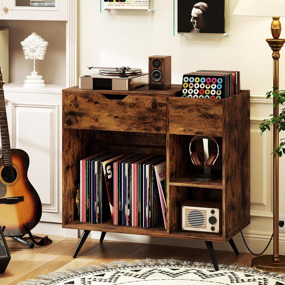 image:imageGiantex Large Record Player Stand with Charging Station Mid Century Turntable Stand Holds Up to 300 Albums Record Player Table wDrawer amp Display Shelf Vinyl Record Storage for Living Room Brown
