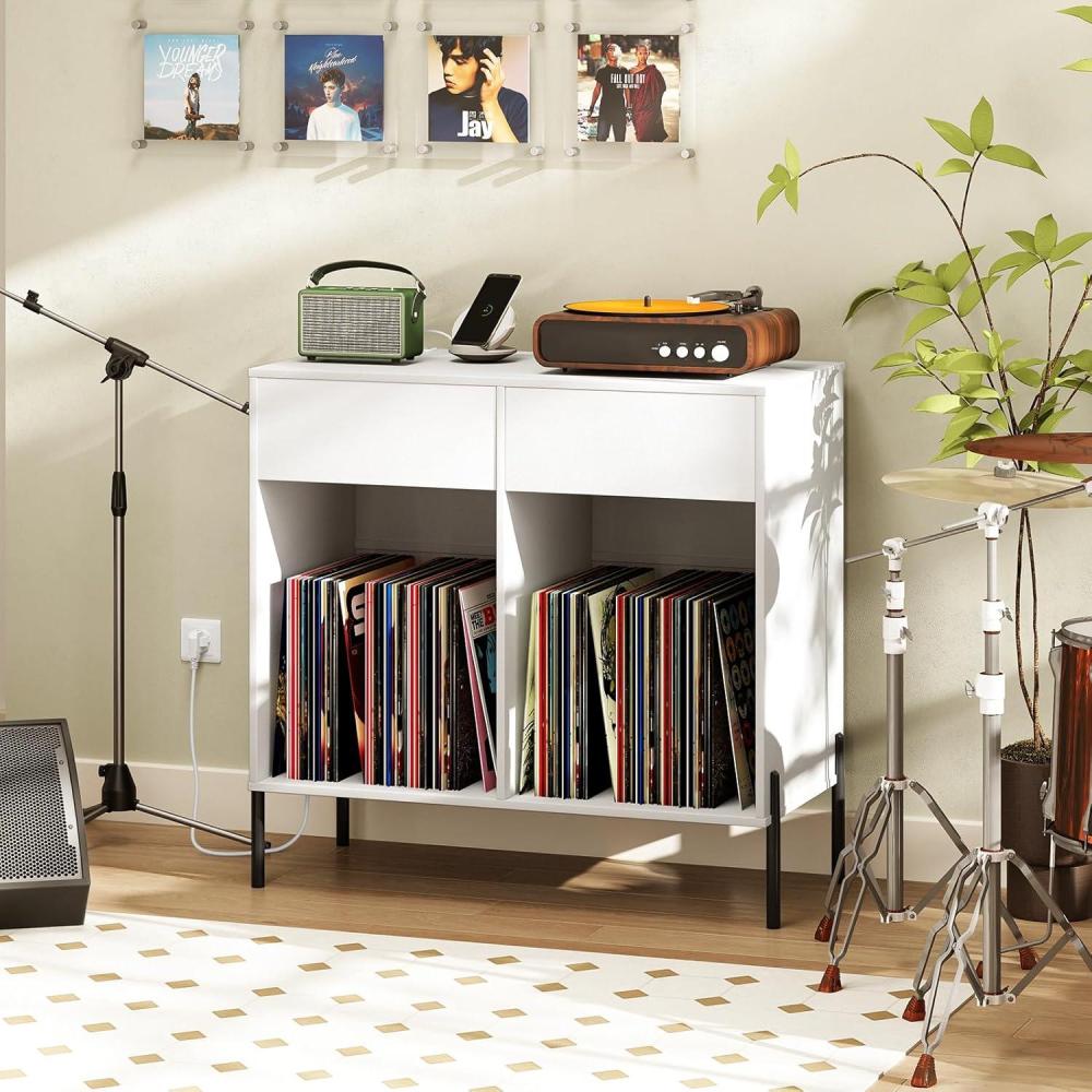 image:imageGiantex Large Record Player Stand with Charging Station Mid Century Wood Turntable Stand with 2 Storage Drawers amp Compartments Vinyl Record Storage for Living Room WhiteWhite