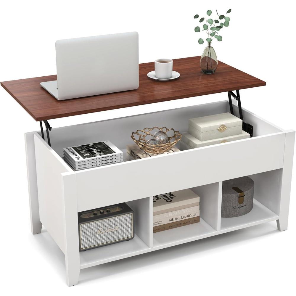 image:imageGiantex Lift Top Coffee Table Rectangular Wooden Table wHidden Compartment amp Open Storage Shelves Multifunctional Modern Flip Top Center Table for Living Room Reception Room Office NaturalWhite