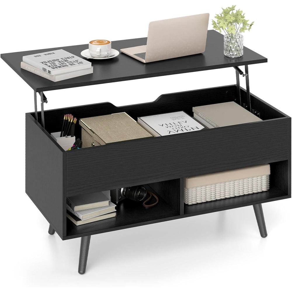 image:imageGiantex Lift Top Coffee Table Modern Cocktail Table wHidden Compartment amp 2 Open Shelves Flip Top Center Table Wooden Pull up Coffee Table for Living Room Reception Room Office BlackBlack