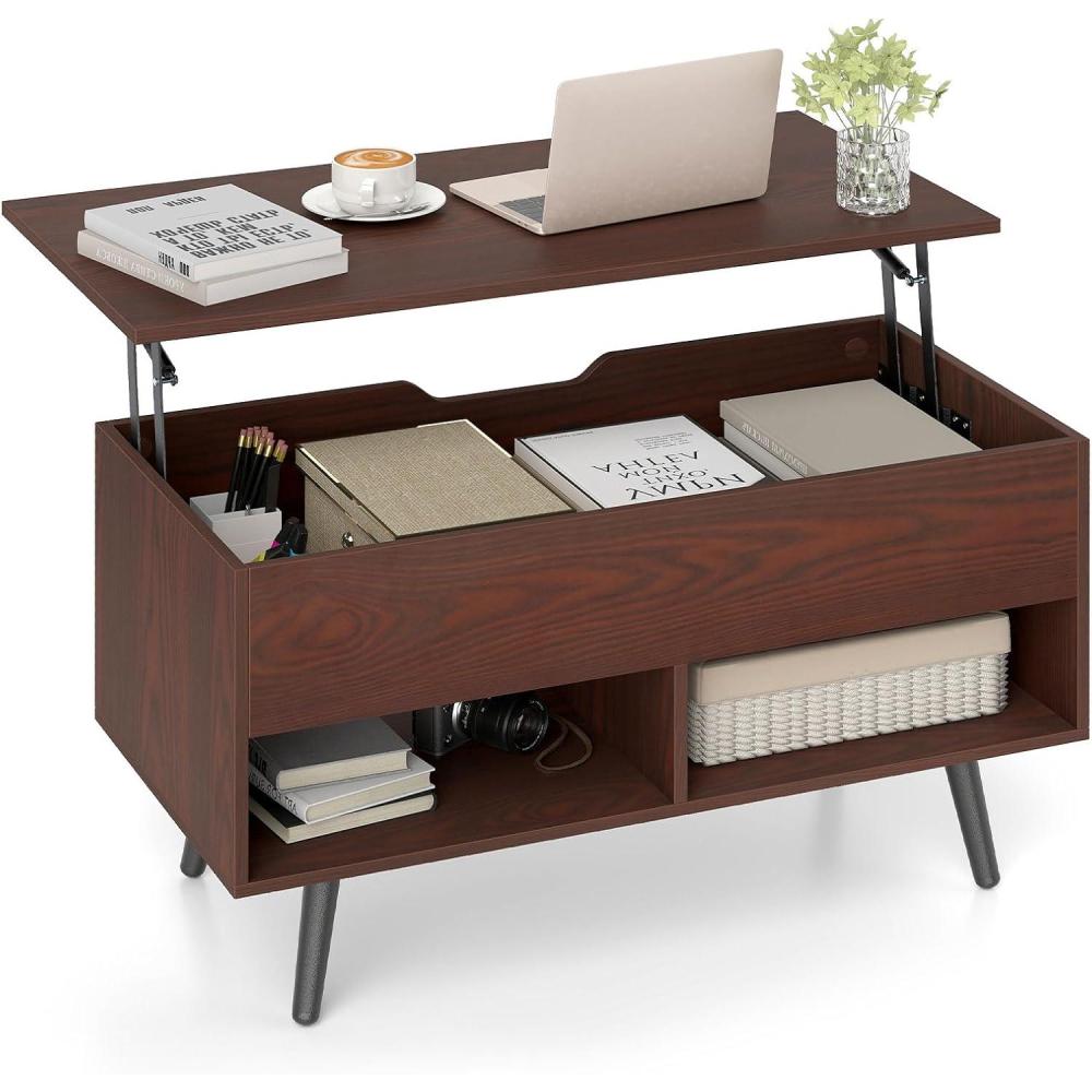 image:imageGiantex Lift Top Coffee Table Modern Cocktail Table wHidden Compartment amp 2 Open Shelves Flip Top Center Table Wooden Pull up Coffee Table for Living Room Reception Room Office BlackWalnut