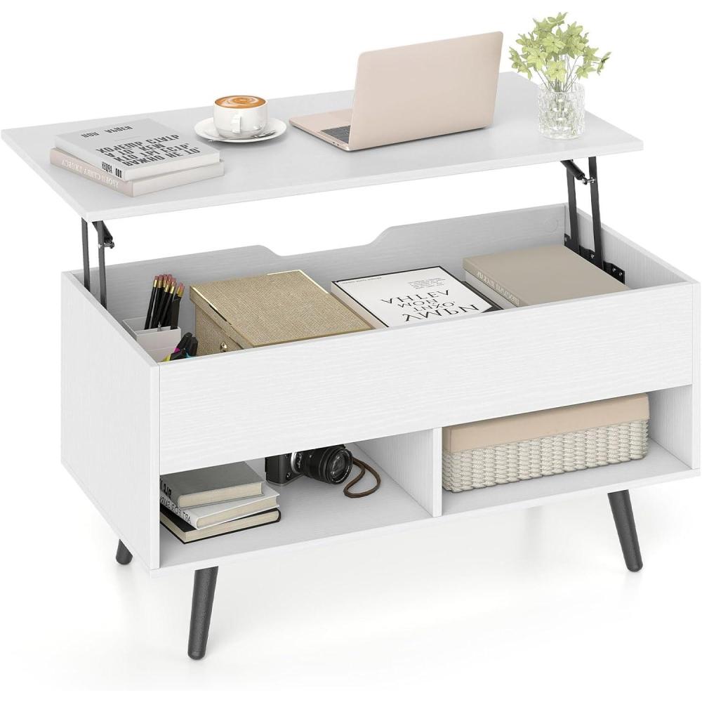 image:imageGiantex Lift Top Coffee Table Modern Cocktail Table wHidden Compartment amp 2 Open Shelves Flip Top Center Table Wooden Pull up Coffee Table for Living Room Reception Room Office BlackWhite