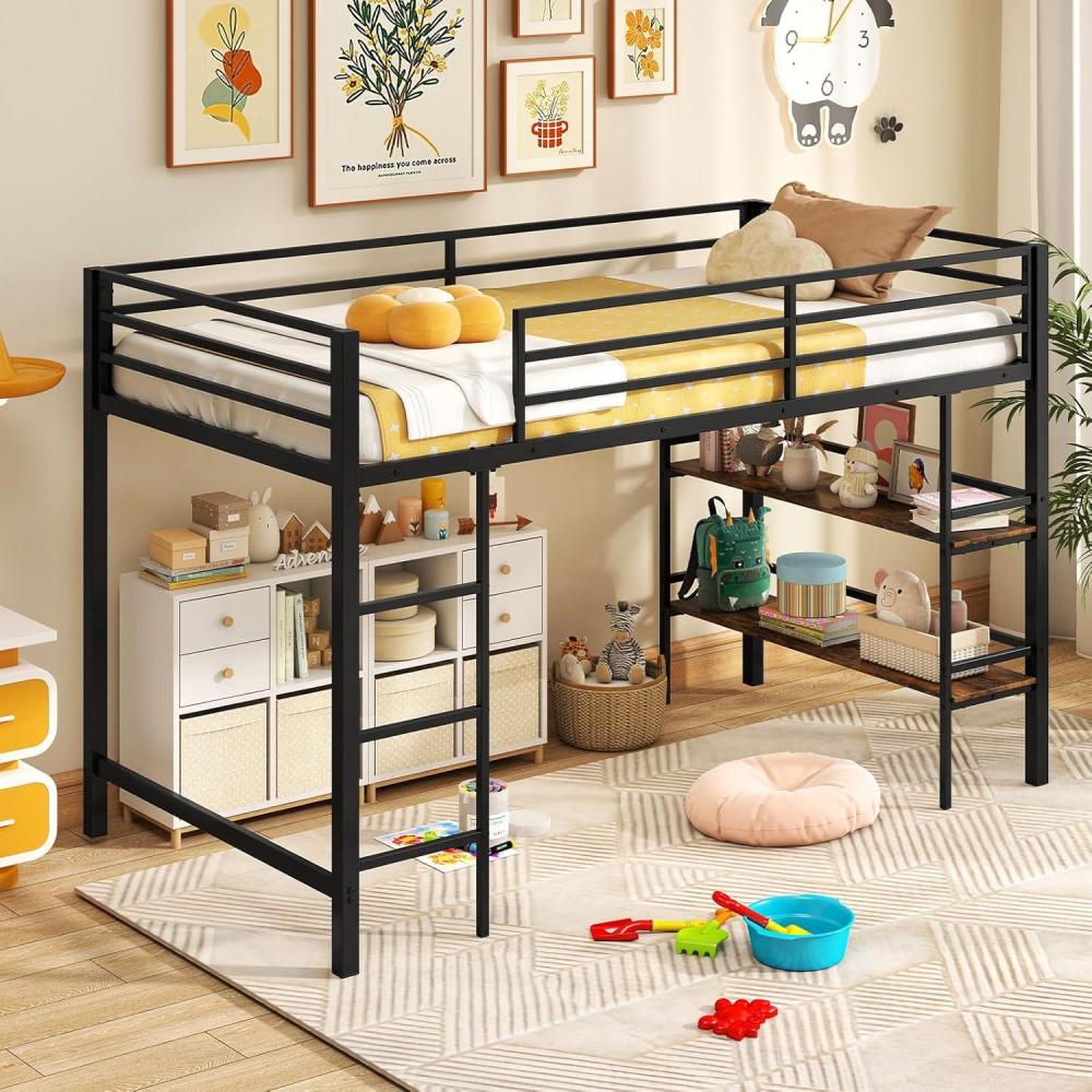 image:imageGiantex Low Loft Bed Twin Size Heavy Duty Metal Frame wStorage Shelves Ladder amp FullLength Guardrails Ample UnderBed Space Kids Loft Bed with Stairs for Boys Girls Junior No Box Spring Needed