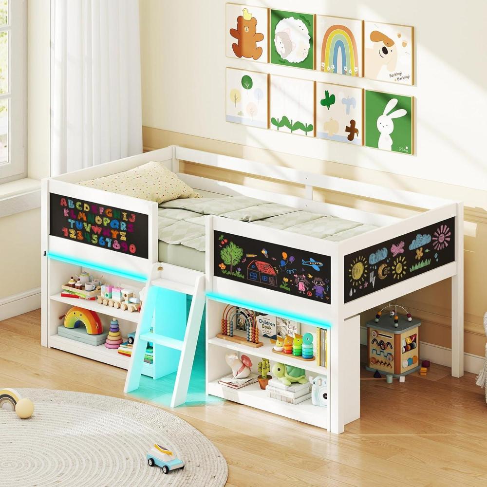 image:imageGiantex Low Loft Bed Twin Size Wooden Loft Bed with Ladder amp Blackboard Twin Bed Frames for Kids with Storage 2 Bookcases and Play Space WhiteWhite