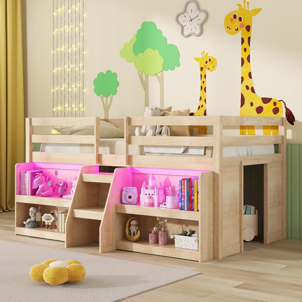 image:imageGiantex Low Loft Bed with LED Lights Wooden Twin Loft Bed with Stairs amp Safety Guardrail Loft Bed Twin Size with Storage Bookcase and UnderBed Play Space Loft Bed for Kids NaturalNatural