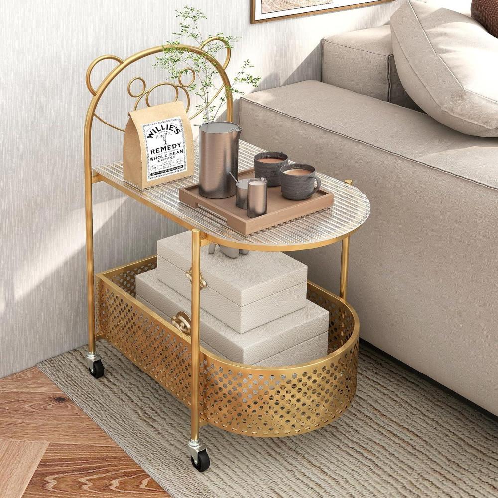 image:imageGiantex Mobile Glass Coffee Table 2Tier Modern Cocktail Table with Bear Pattern Storage Basket amp Metal Frame Sofa Side Tea Table on Lockable Wheels Center Table for Living Room Bedroom WhiteGolden