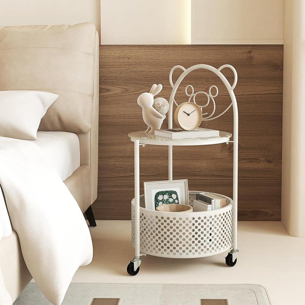 image:imageGiantex Mobile Glass Coffee Table 2Tier Round End Table with Bear Pattern Storage Basket Metal Frame Modern Cocktail Table on Lockable Wheels Sofa Side Tea Table for Living Room Bedroom WhiteWhite
