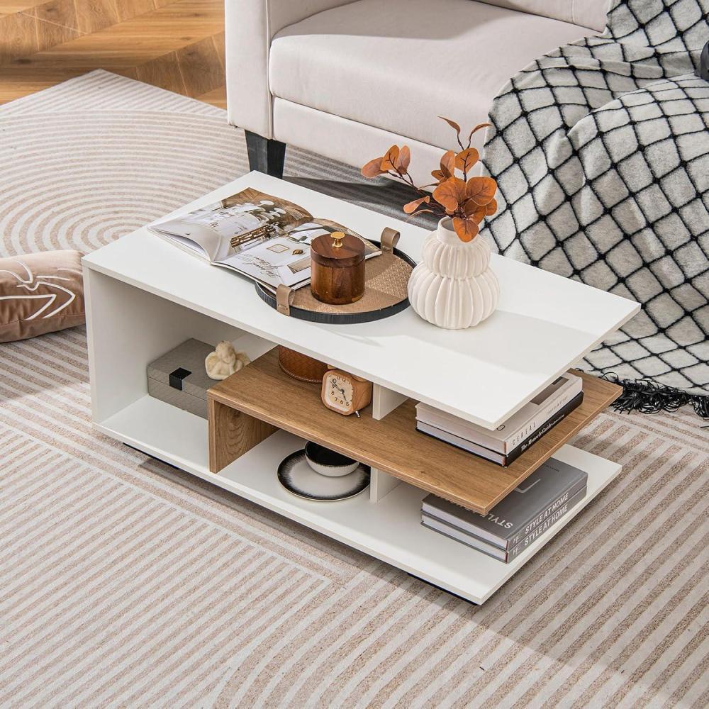 image:imageGiantex Modern Rectangular Accent Table with LShaped Middle Shelf 3Tier Cocktail Table for Living Room Natural and WhiteNatural and White