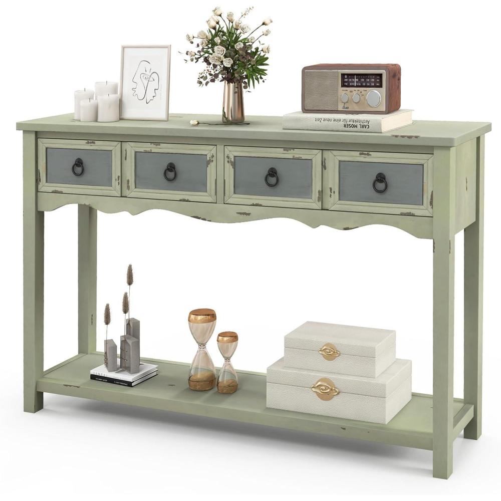 image:imageGiantex Narrow Console Table with Storage 48 Antique Entryway Table with 4 Drawers Open Shelf Solid Wood Legs Long amp Slim Sofa Side Table for Couch Hallway Living Room Foyer Entry Table